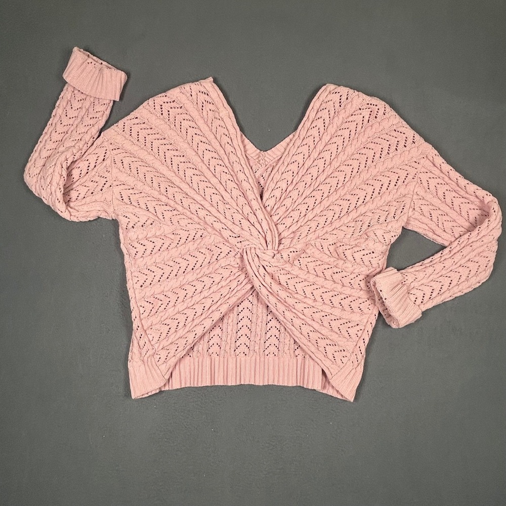 Jun & Ivy Sweater Womens XL Pink Chenille Twist Back Cable Knit SMC2028 V-Neck